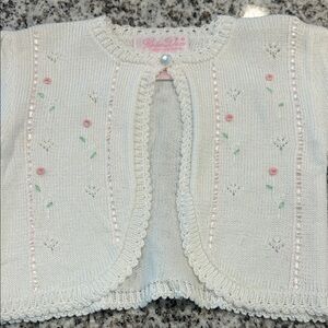 Sophie Dess Boutique White Knit Baby Cardigan with Pink Rose Details